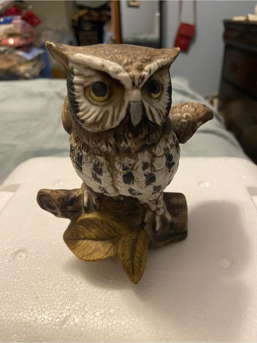 Homco Brown and White Owl Sculpture with Gold Leaf Accent